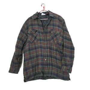 Vintage Flannel Shacket Mens L Insulated Quilt Lined Plaid Jacket Green Western